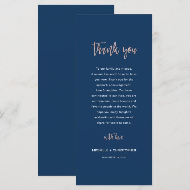 Navy & Rose Gold Glam Chic Wedding Thank You Card  (Front/Back)