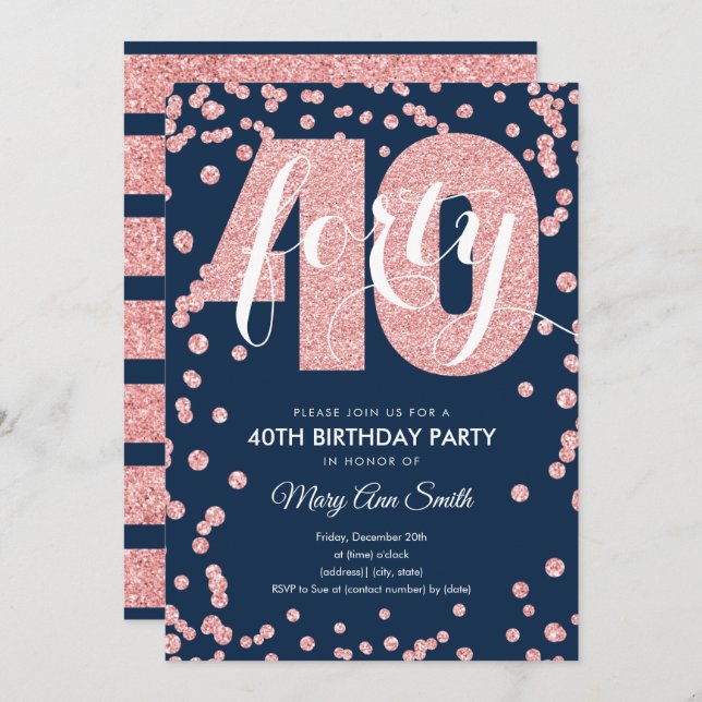 Navy Rose Gold Glitter 40th Birthday Party Invitation (Front/Back)