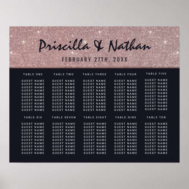 Navy Rose Gold Glitter Color Block Seating Chart (Front)