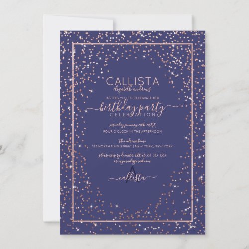 Navy Rose Gold Glitter Confetti Border Birthday Invitation