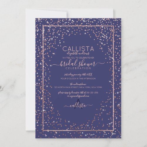 Navy Rose Gold Glitter Confetti Bridal Shower Invitation