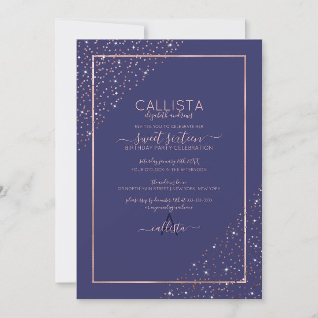 Navy Rose Gold Glitter Confetti Corners Sweet 16 Invitation (Front)