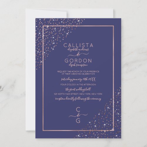 Navy Rose Gold Glitter Confetti Corners Wedding Invitation