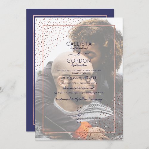 Navy Rose Gold Glitter Confetti Corners Wedding Invitation