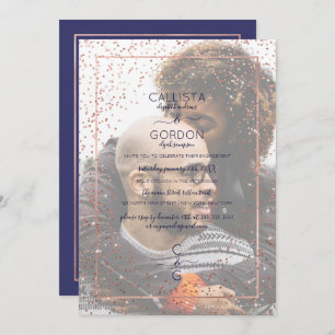 Navy Rose Gold Glitter Confetti Photo Engagement Invitation