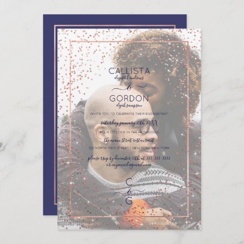 Navy Rose Gold Glitter Confetti Photo Engagement Invitation