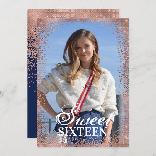 Navy Rose Gold Glitter Confetti Photo Sweet 16 Invitation