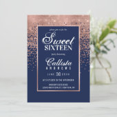 Navy Rose Gold Glitter Confetti Photo Sweet 16 Invitation (Standing Front)