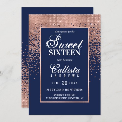 Navy Rose Gold Glitter Confetti Photo Sweet 16 Invitation