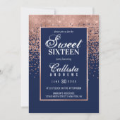 Navy Rose Gold Glitter Confetti Photo Sweet 16 Invitation (Front)