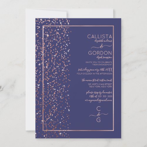 Navy Rose Gold Glitter Confetti Side Engagement Invitation