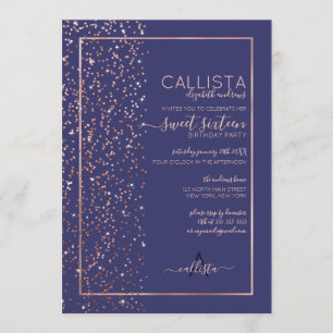 Navy Rose Gold Glitter Confetti Side Sweet 16 Invitation
