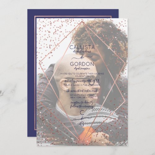 Navy Rose Gold Glitter Confetti Terrarium Wedding Invitation