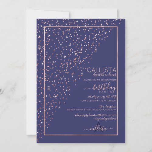 Navy Rose Gold Glitter Diagonal Confetti Birthday Invitation