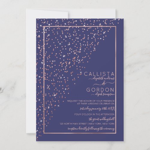 Navy Rose Gold Glitter Diagonal Confetti Wedding Invitation