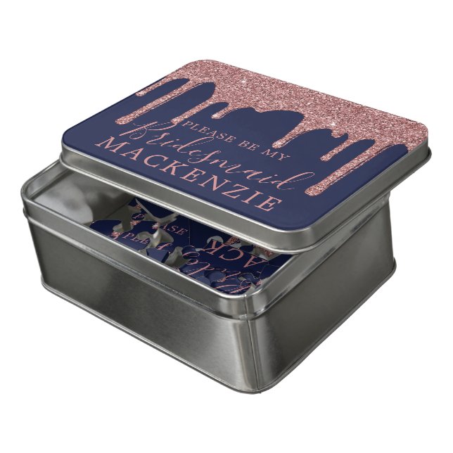 Navy Rose Gold Glitter Drips Bridesmaid Proposal Jigsaw Puzzle (Lid Open)