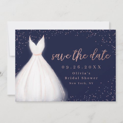 Navy Rose Gold Glitter Elegant Dress Save The Date