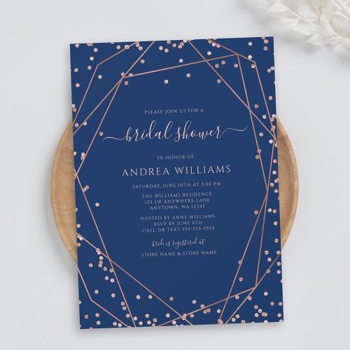 Navy Rose Gold Glitter Geometric Bridal Shower Invitation