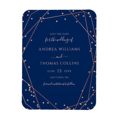 Navy Rose Gold Glitter Geometric Save the Date Magnet