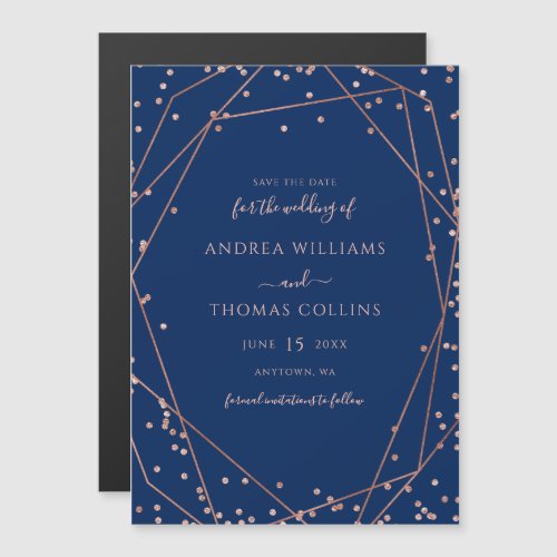 Navy Rose Gold Glitter Geometric Save the Date Magnetic Invitation