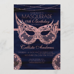 Navy Rose Gold Glitter Lace Masquerade Birthday Invitation