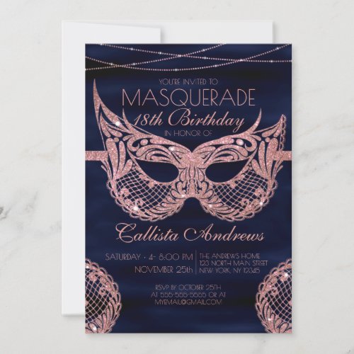 Navy Rose Gold Glitter Lace Masquerade Birthday Invitation