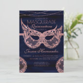 Navy Rose Gold Glitter Lace Masquerade Quinceañera Invitation (Standing Front)