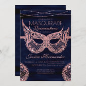 Navy Rose Gold Glitter Lace Masquerade Quinceañera Invitation (Front/Back)