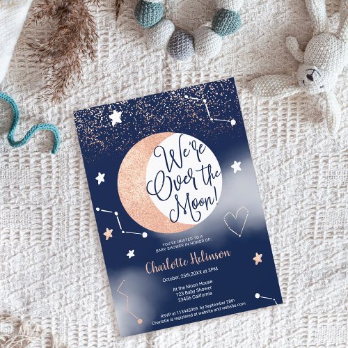 Navy rose gold glitter over the moon baby shower invitation