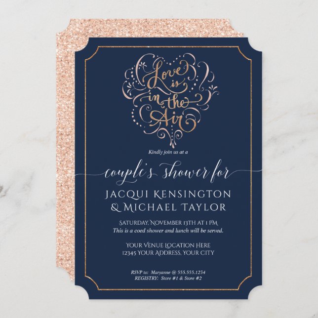 Navy Rose Gold Glitter Script Love Couple Shower Invitation (Front/Back)