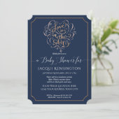 Navy Rose Gold Glitter Typography Baby Girl Shower Invitation (Standing Front)