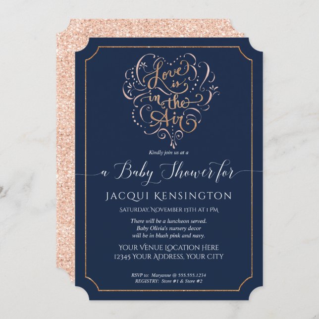 Navy Rose Gold Glitter Typography Baby Girl Shower Invitation (Front/Back)