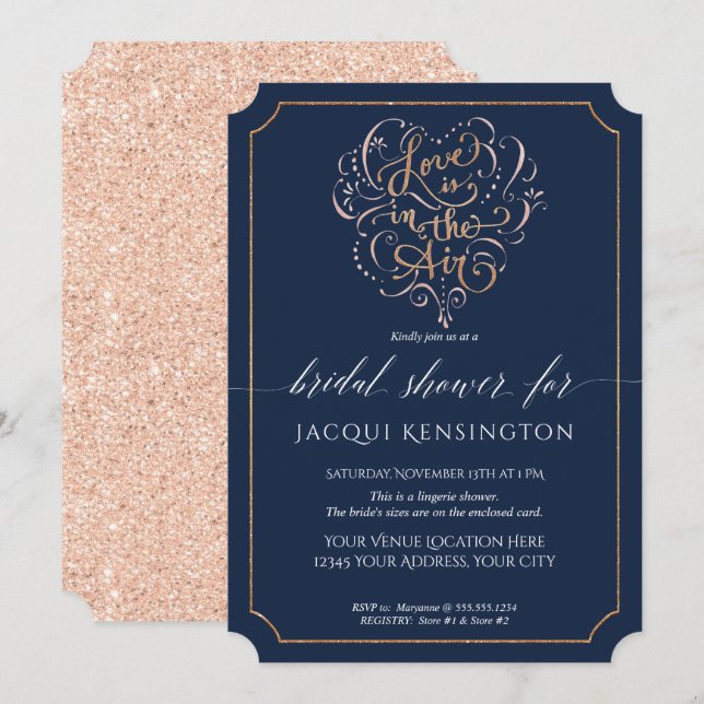 Navy Rose Gold Glitter Typography Bridal Shower Invitation (Front/Back)