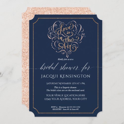 Navy Rose Gold Glitter Typography Bridal Shower Invitation