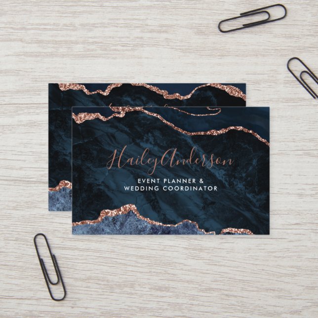 Navy & Rose Gold Glitter Watercolor Gilded Agate Business Card (Front/Back In Situ)