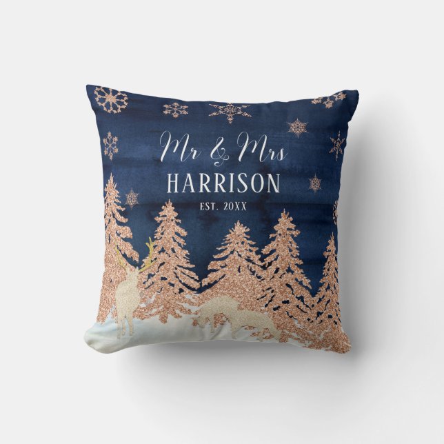 Navy Rose Gold Glitter Winter Forest Mr and Mrs Throw Pillow (Front)