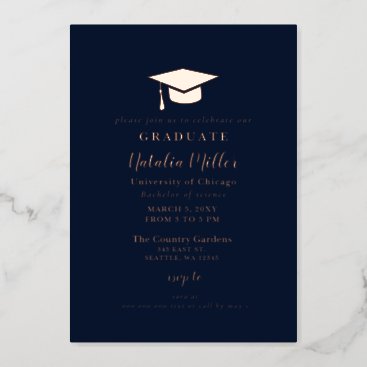 Navy Rose Gold Graduation Hat Graduation  Foil Invitation