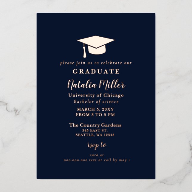 Navy Rose Gold Graduation Hat Graduation  Foil Invitation (Front)