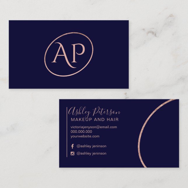 Navy rose gold initial logo hair makeup typography business card (Front/Back)