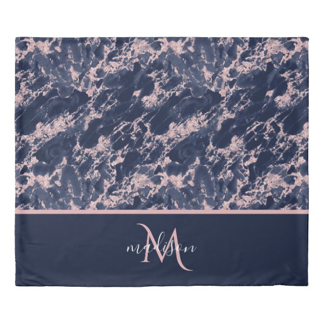 Navy & Rose Gold Marble Monogram Elegant Luxury Duvet Cover (Front)