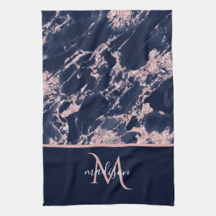 Navy & Rose Gold Marble Monogram Elegant Luxury Kitchen Towel