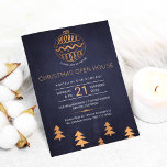 Navy Rose Gold Metallic Christmas Open House Party Holiday Card<br><div class="desc">Modern rustic inspired business corporate winter holiday party invitation featuring a shiny metallic gold copper hand drawn Christmas tree decoration, a pine tree border, and a light grey script over a dark midnight blue chalkboard like background. A fancy trees pattern on the reverse. Personalize it with your details! Suitable for...</div>