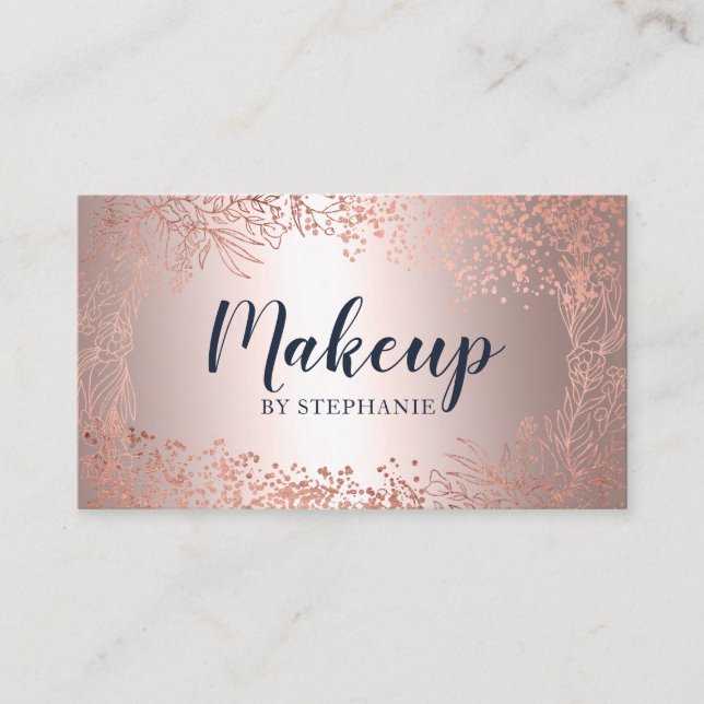 Navy rose gold metallic foil floral makeup script business card (Front)