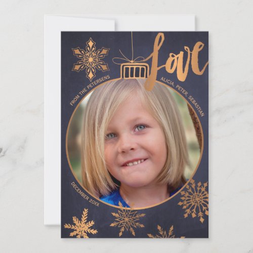 Navy Rose Gold Metallic Snowflakes Christmas Photo Holiday Card