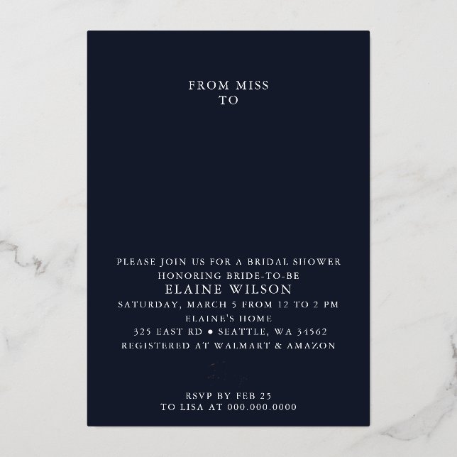 Navy Rose Gold Modern Bridal Shower  Foil Invitation (Front)