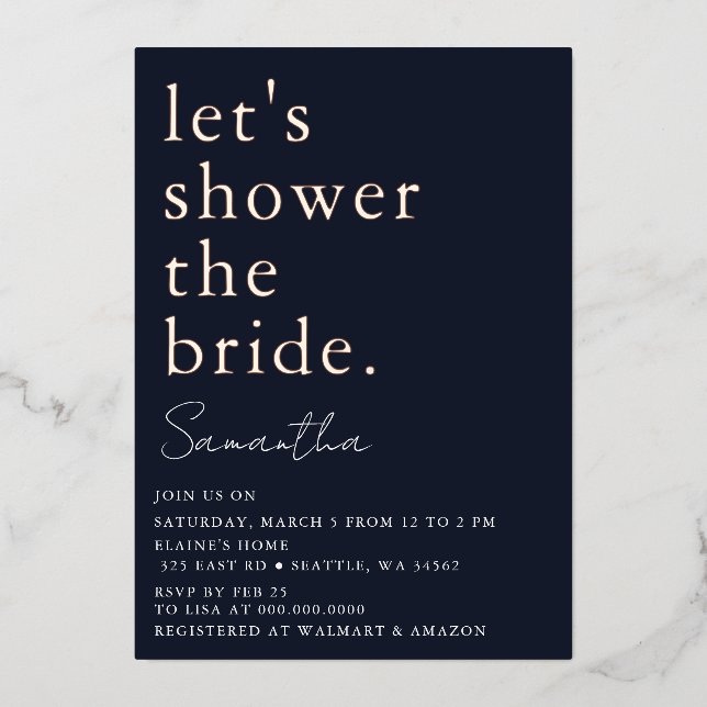 Navy Rose Gold Modern Bridal Shower  Foil Invitation (Front)