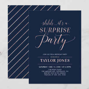 Navy & Rose gold   Modern Surprise Birthday Party Invitation