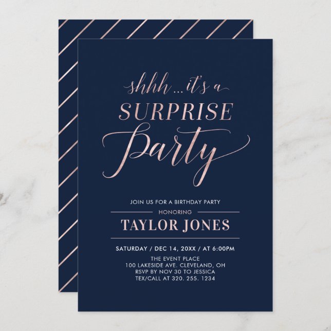 Navy & Rose gold | Modern Surprise Birthday Party Invitation (Front/Back)