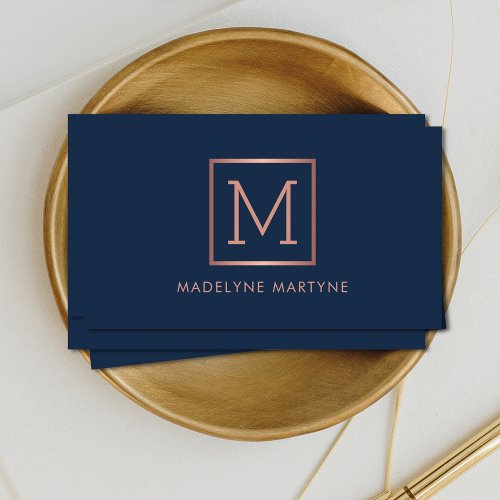 Navy Rose Gold Monogram Elegant Business Card