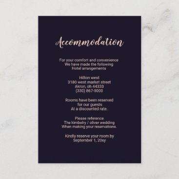Navy Rose Gold Monogram Wedding accommodation card